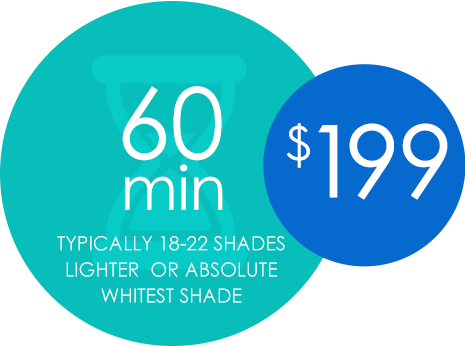 60 min $199. Typically 18-22 shades lighter or absolute whitest shade.
